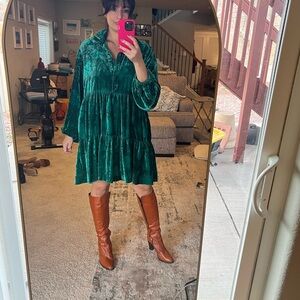 Anthropologie Emerald Green Velvet Babydoll Dress